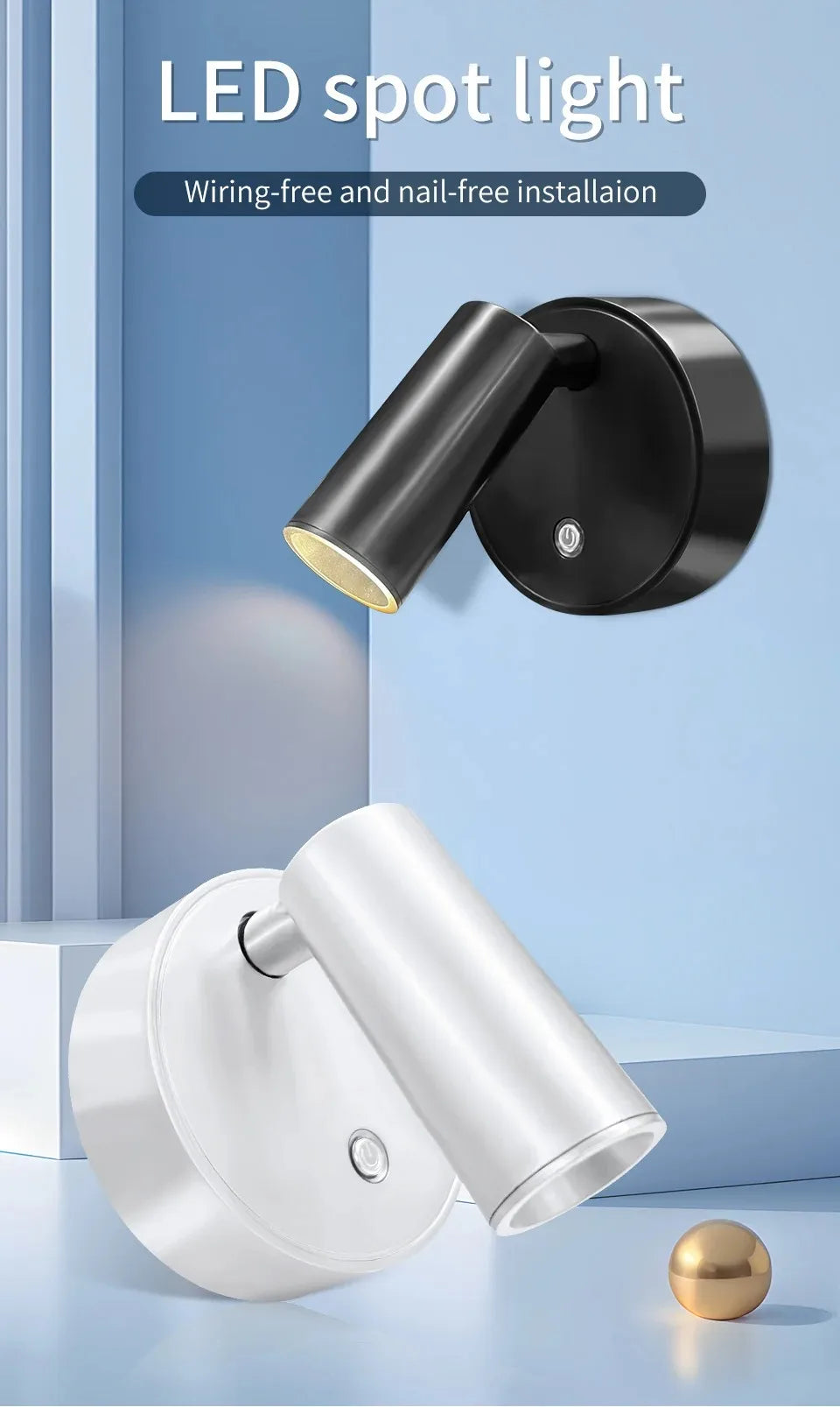 LED Light Magnetic USB Rechargeable Wall Light Spotlight Wireless No Punch Reading Light With Touch Switch Dimmable Bedside Lamp