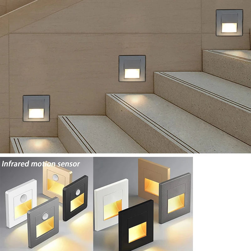 PIR Motion Detector Light Sensor LED Lights AC 110V-220V Recessed Staircase Bedroom Wall Lamp LED Night Light