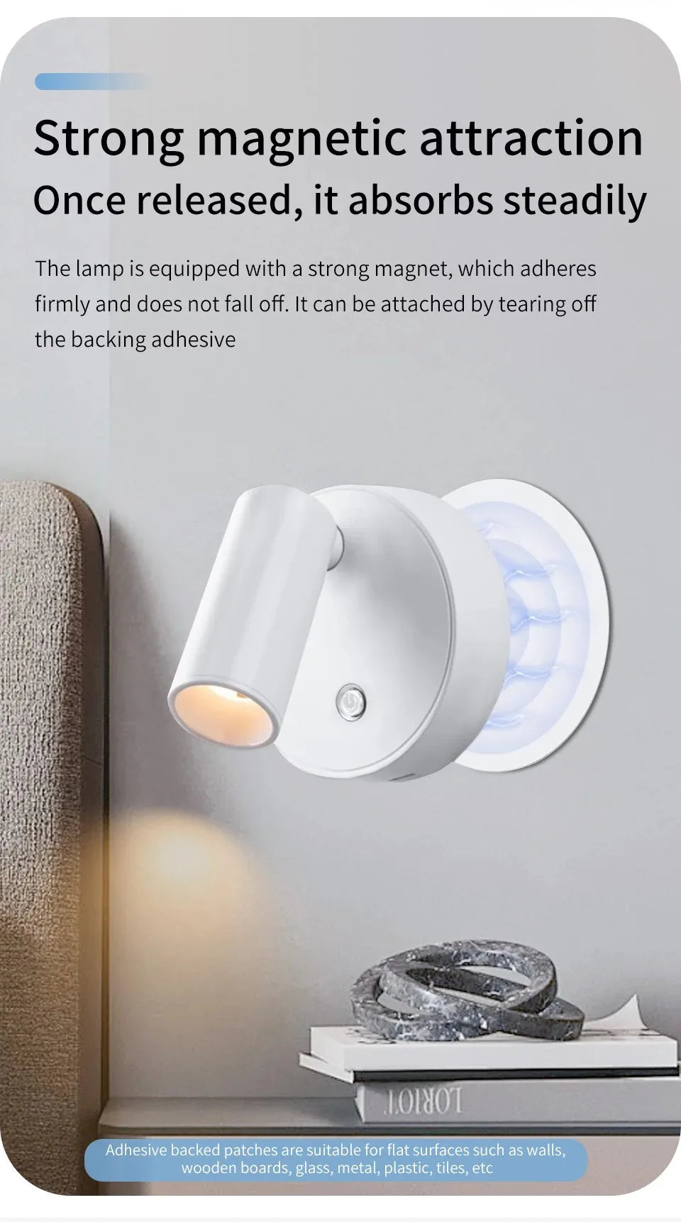 LED Light Magnetic USB Rechargeable Wall Light Spotlight Wireless No Punch Reading Light With Touch Switch Dimmable Bedside Lamp
