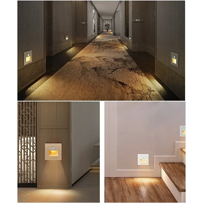 PIR Motion Detector Light Sensor LED Lights AC 110V-220V Recessed Staircase Bedroom Wall Lamp LED Night Light