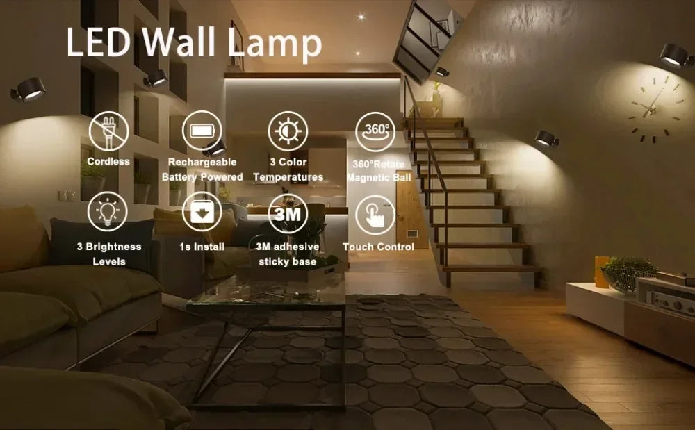 LED Magnetic Wall Sconce Lights,Rechargeable Dimmable Wall Mounted Lights with Remote, 360° Rotation Wall Mount Lamp for Bedroom