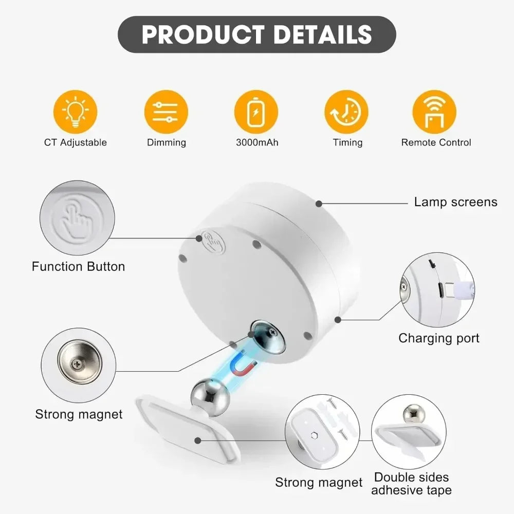 LED Magnetic Wall Sconce Lights,Rechargeable Dimmable Wall Mounted Lights with Remote, 360° Rotation Wall Mount Lamp for Bedroom