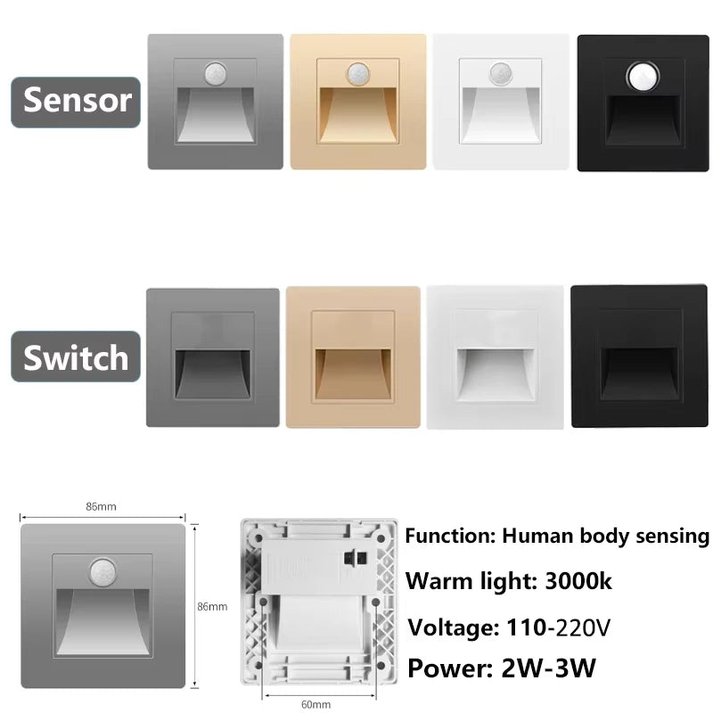 PIR Motion Detector Light Sensor LED Lights AC 110V-220V Recessed Staircase Bedroom Wall Lamp LED Night Light