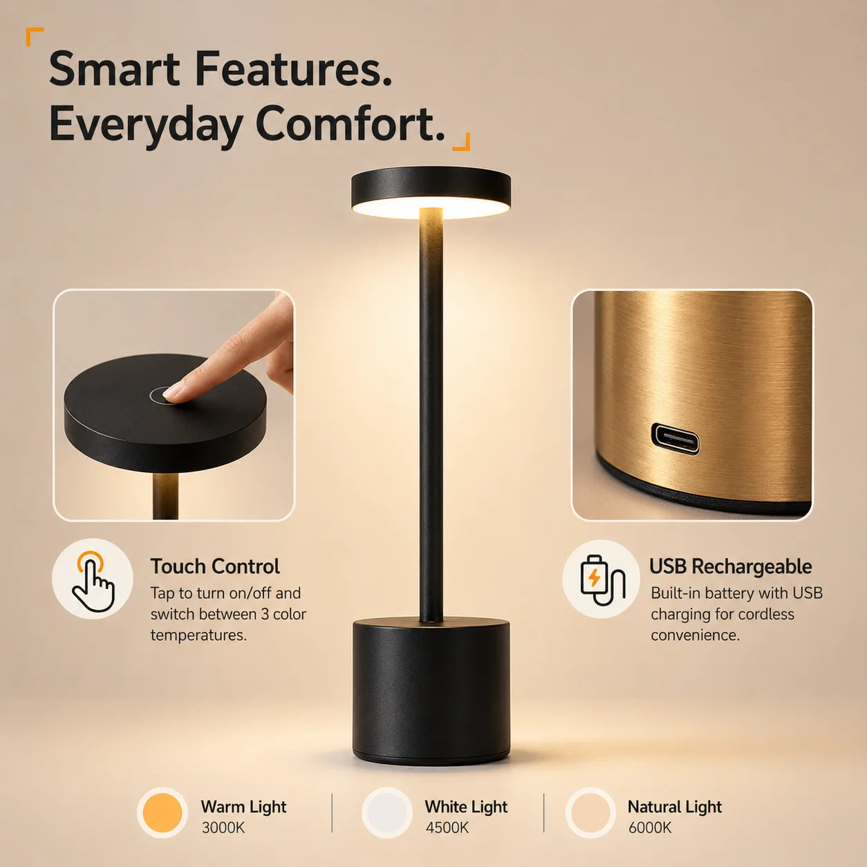 Rechargeable Table Lamp Cordless LED Touch Desk Lamp 3 Color Dimmable Portable Bedside Light for Bedroom Restaurant Office Decor
