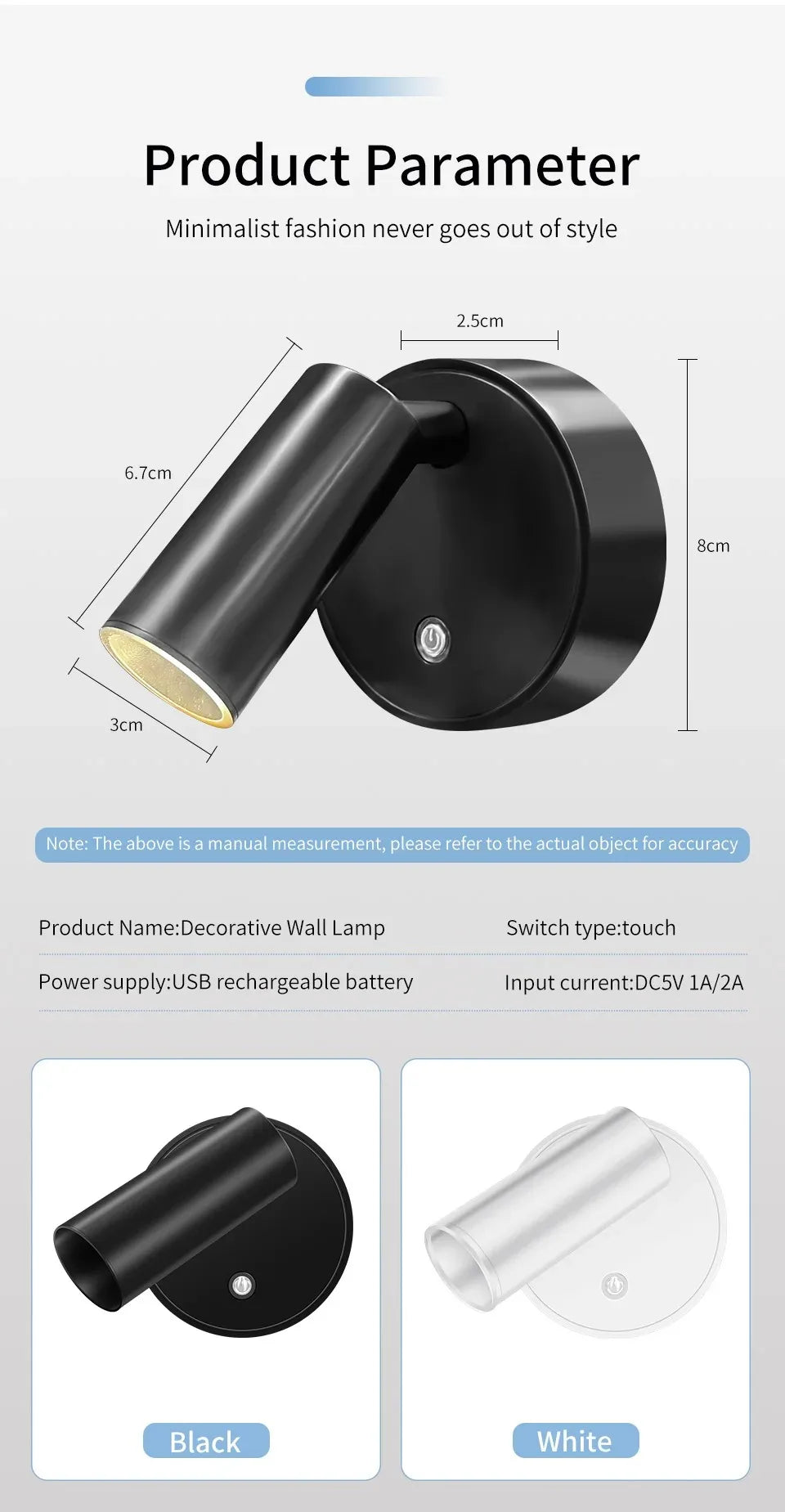 LED Light Magnetic USB Rechargeable Wall Light Spotlight Wireless No Punch Reading Light With Touch Switch Dimmable Bedside Lamp