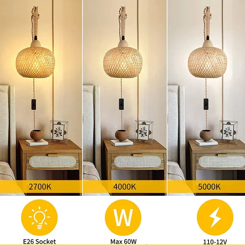 Bamboo Lantern Wall Lamp Natural Rattan Wicker E27 Chandeliers Hand-Woven Bamboo Room Decor Lampshades Wall Light Fixtures