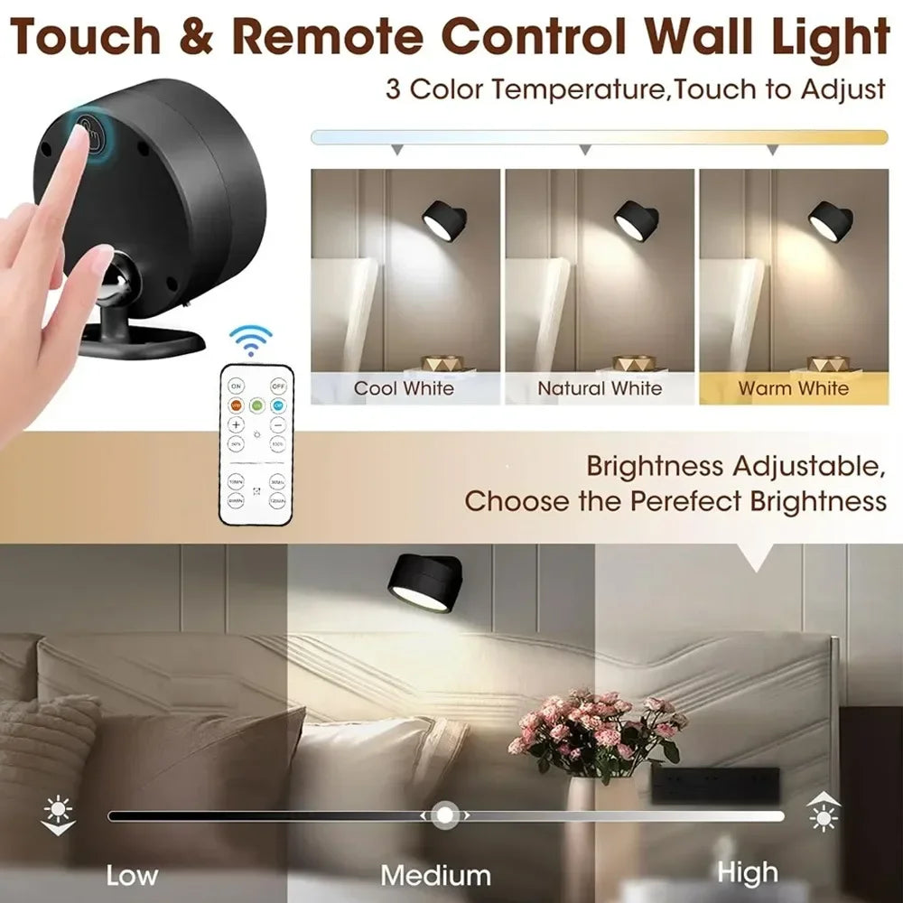 LED Magnetic Wall Sconce Lights,Rechargeable Dimmable Wall Mounted Lights with Remote, 360° Rotation Wall Mount Lamp for Bedroom