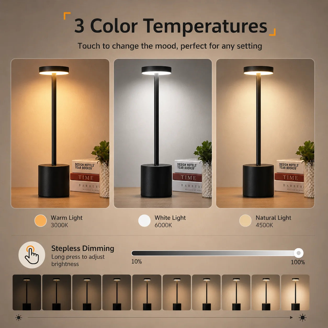 Rechargeable Table Lamp Cordless LED Touch Desk Lamp 3 Color Dimmable Portable Bedside Light for Bedroom Restaurant Office Decor