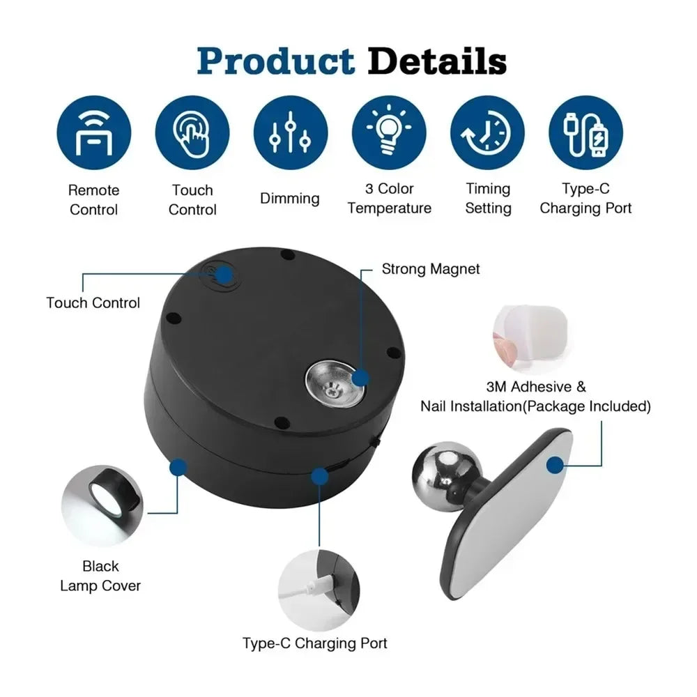 LED Magnetic Wall Sconce Lights,Rechargeable Dimmable Wall Mounted Lights with Remote, 360° Rotation Wall Mount Lamp for Bedroom