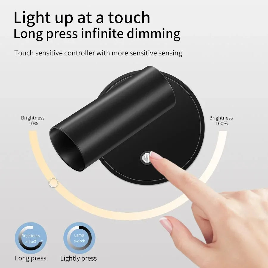 LED Light Magnetic USB Rechargeable Wall Light Spotlight Wireless No Punch Reading Light With Touch Switch Dimmable Bedside Lamp
