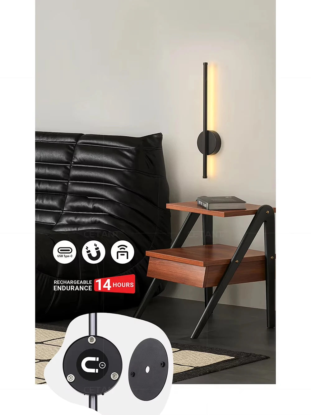 Magnetic Rechargeable 50 Wall Lamp Black Gold For Living Room Bedroom Hallway Study Stairwell Cloakroom LED Lighting Wiring Free