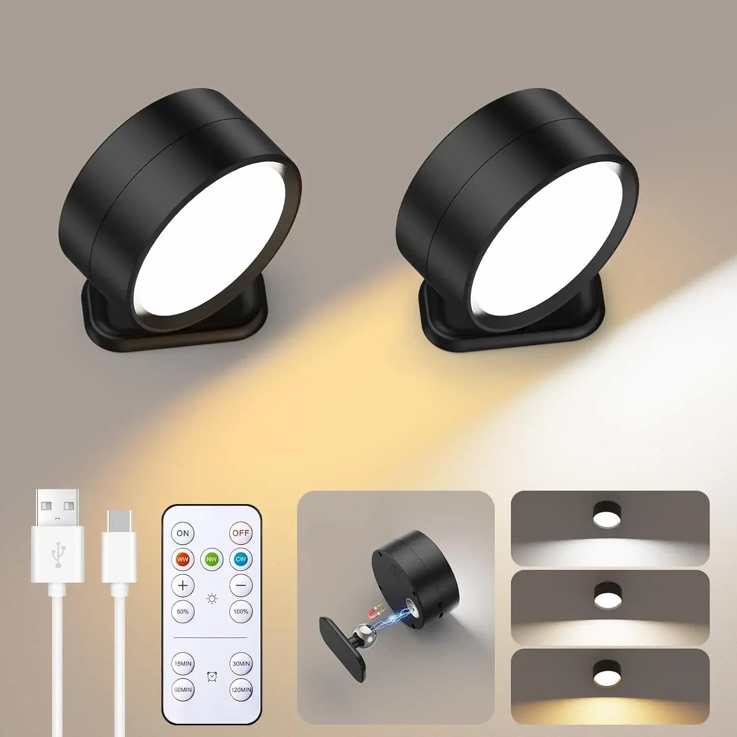 Magnetic LED Wall Sconce with Remote – Rechargeable Dimmable 360° Rotating Wall Light for Bedroom