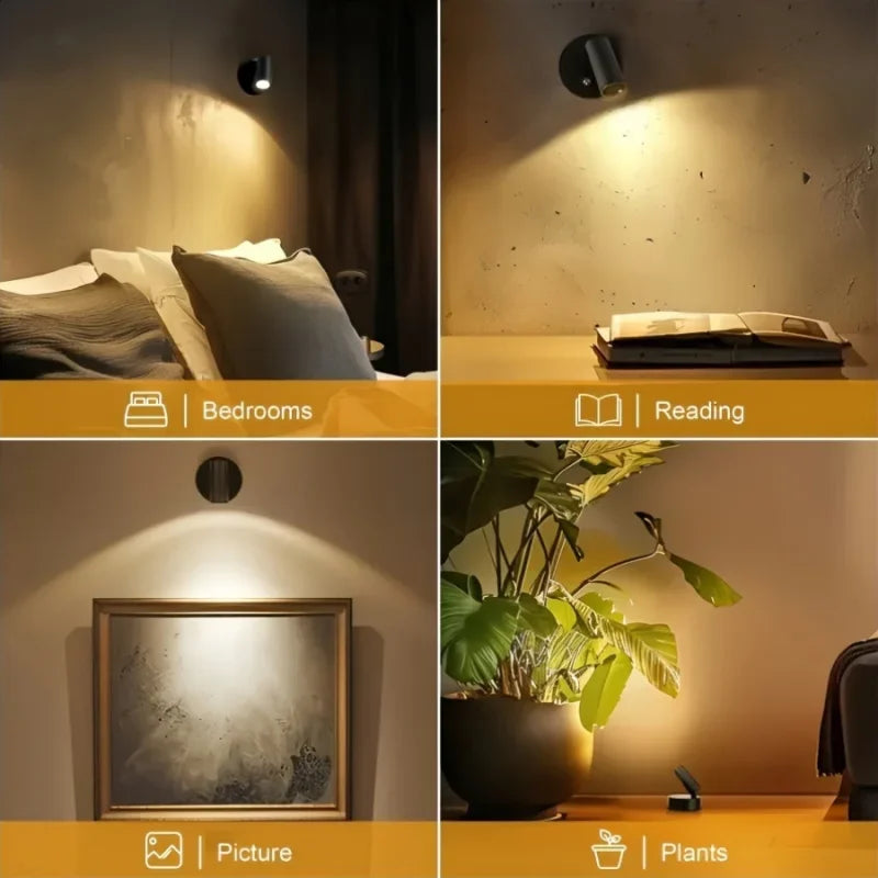 Magnetic Base USB Rechargeable LED Cordless Wall Light with Touch Switch Black White Magnet Dimmable Bedside Lamp for Reading