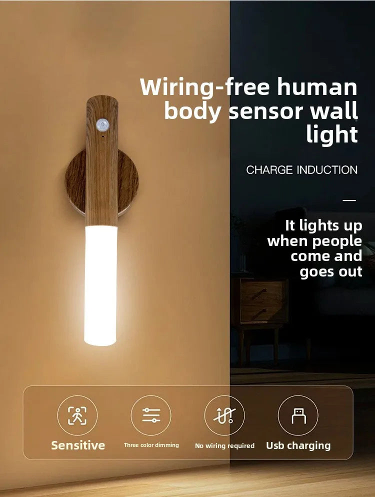 Night Light Motion Sensor Night Lights Rechargeable Wall Sconces Magnetic Wall Lights Wooden Wall Lighting for Bedroom Stair