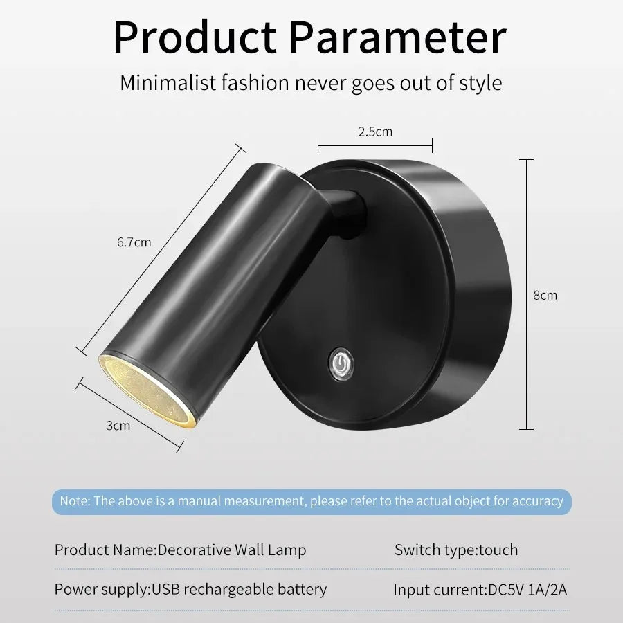 LED Light Magnetic USB Rechargeable Wall Light Spotlight Wireless No Punch Reading Light With Touch Switch Dimmable Bedside Lamp