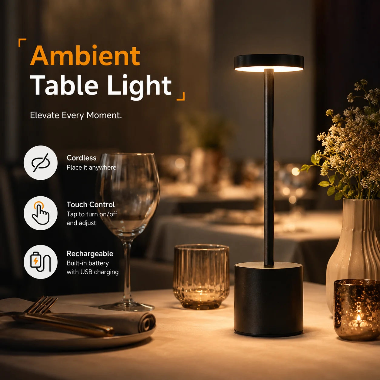 Rechargeable Table Lamp Cordless LED Touch Desk Lamp 3 Color Dimmable Portable Bedside Light for Bedroom Restaurant Office Decor