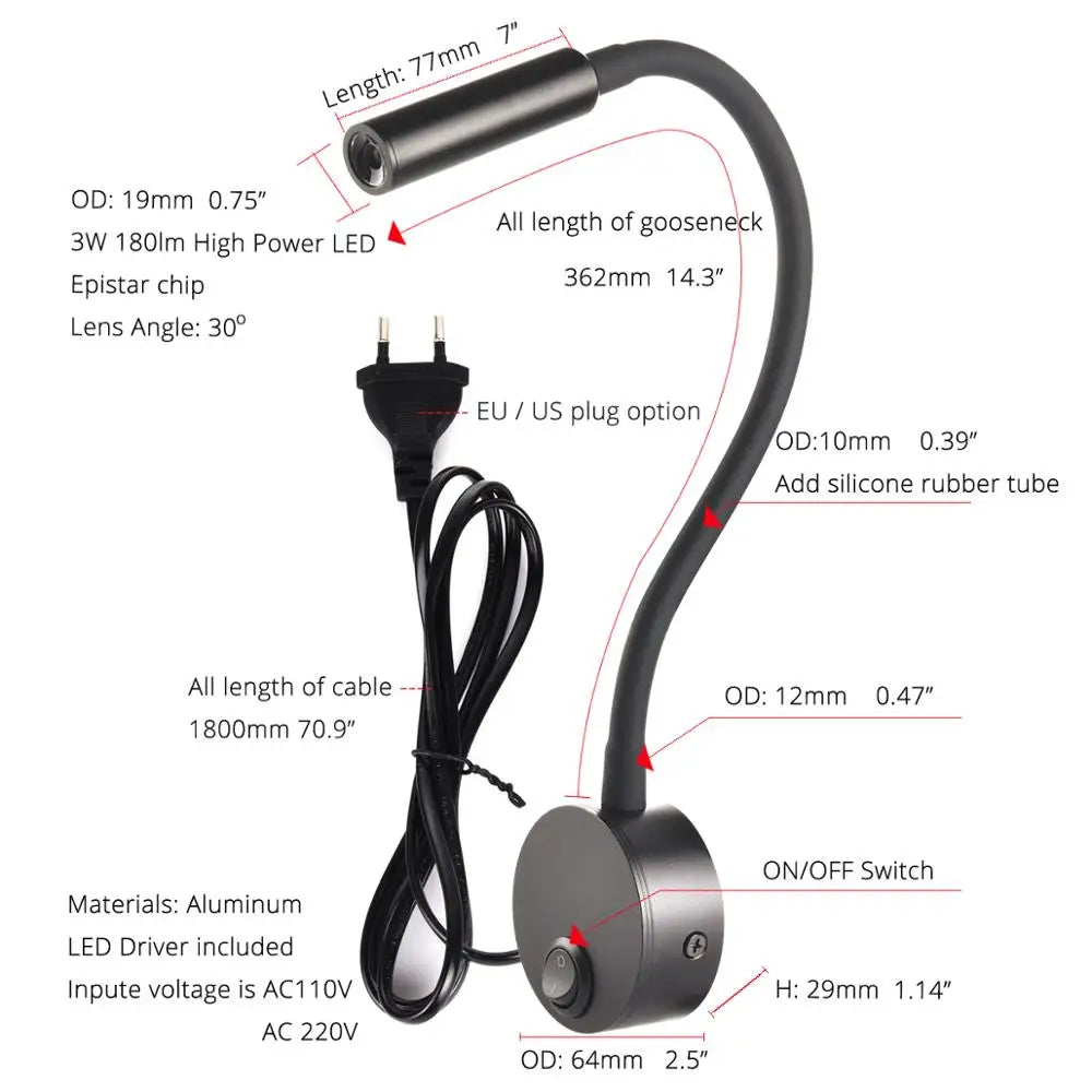 Bedside Working Study Reading Lamp Wall Lamp Sconces 3W LED Book Lamp Wall Night Light Fixtures Spot LED EU US Plug Cord