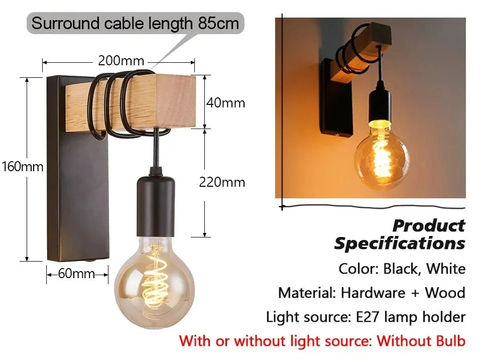 Retro Wood LED Wall Lamp E27 220V 110V Industrial Night Loft Light Fixtures Live Room Bedside Lamp Decor for Bathroom Restaurant