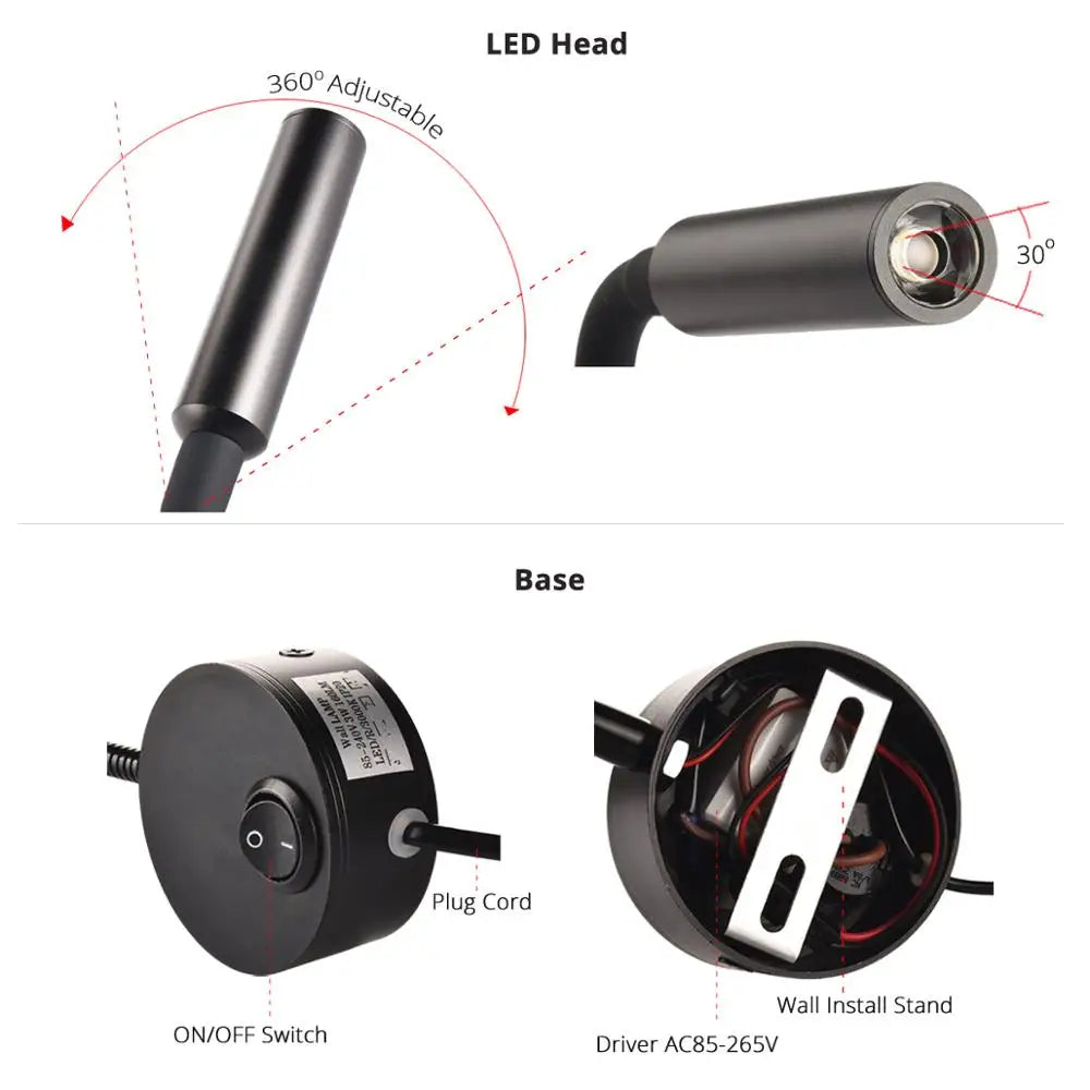 Bedside Working Study Reading Lamp Wall Lamp Sconces 3W LED Book Lamp Wall Night Light Fixtures Spot LED EU US Plug Cord