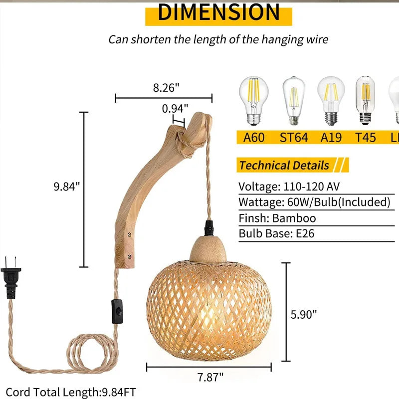 Bamboo Lantern Wall Lamp – Natural Rattan Woven Wall Light for Bedroom & Living Room Decor