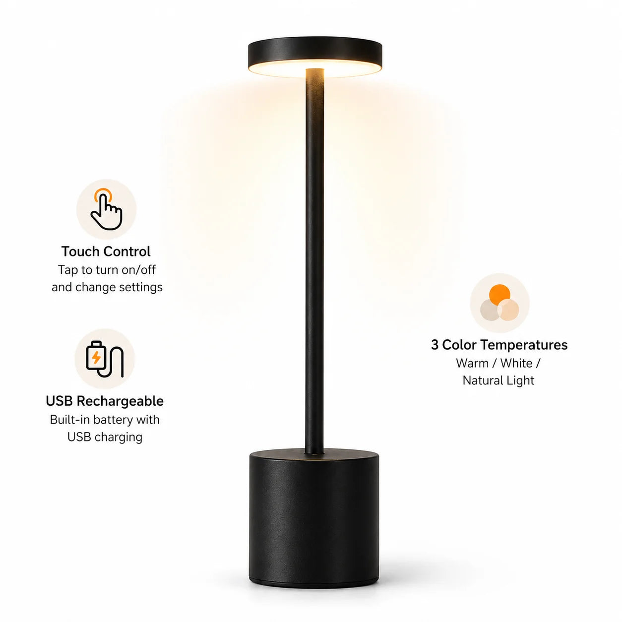Rechargeable Table Lamp Cordless LED Touch Desk Lamp 3 Color Dimmable Portable Bedside Light for Bedroom Restaurant Office Decor