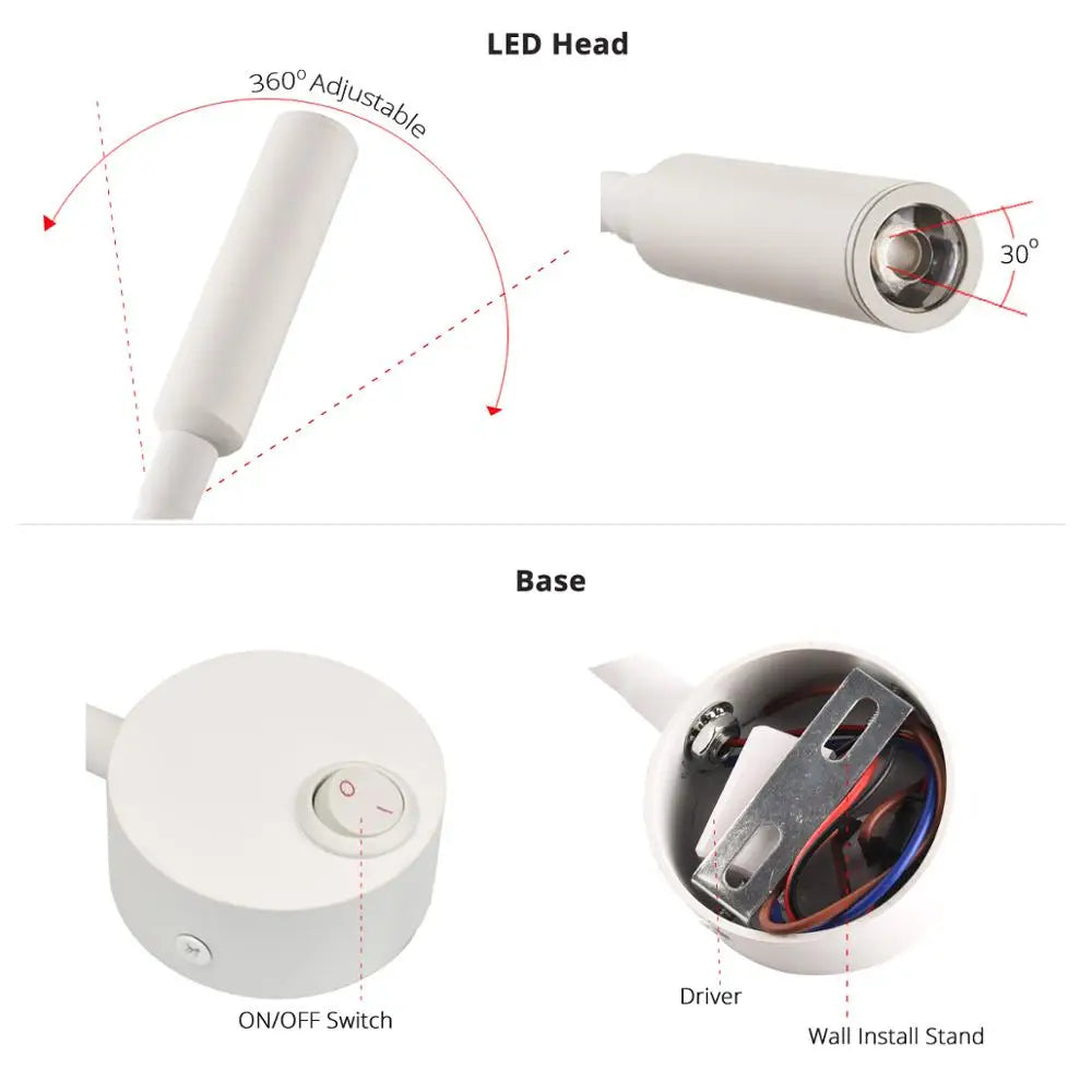 Bedside Working Study Reading Lamp Wall Lamp Sconces 3W LED Book Lamp Wall Night Light Fixtures Spot LED EU US Plug Cord