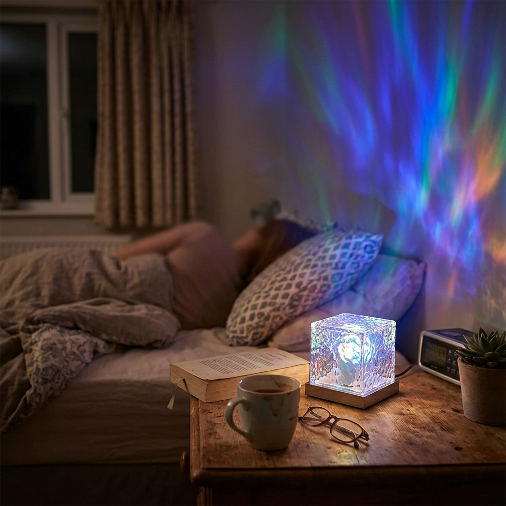 Aurora ocean wave projector night light glowing on a bedroom nightstand at night
