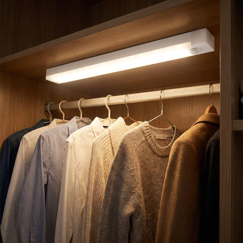 Wireless motion sensor LED night light mounted inside a closet illuminating clothes