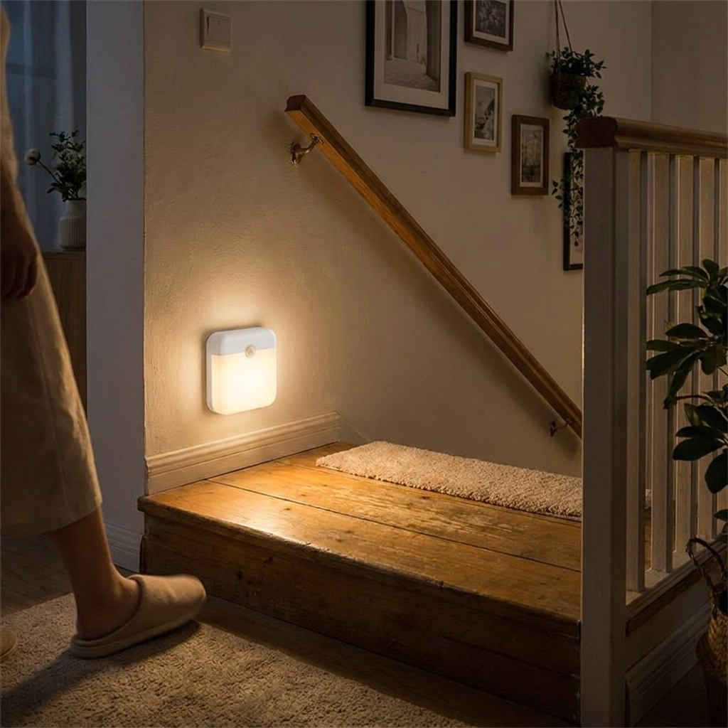USB-C rechargeable motion sensor night light mounted on a staircase wall at night