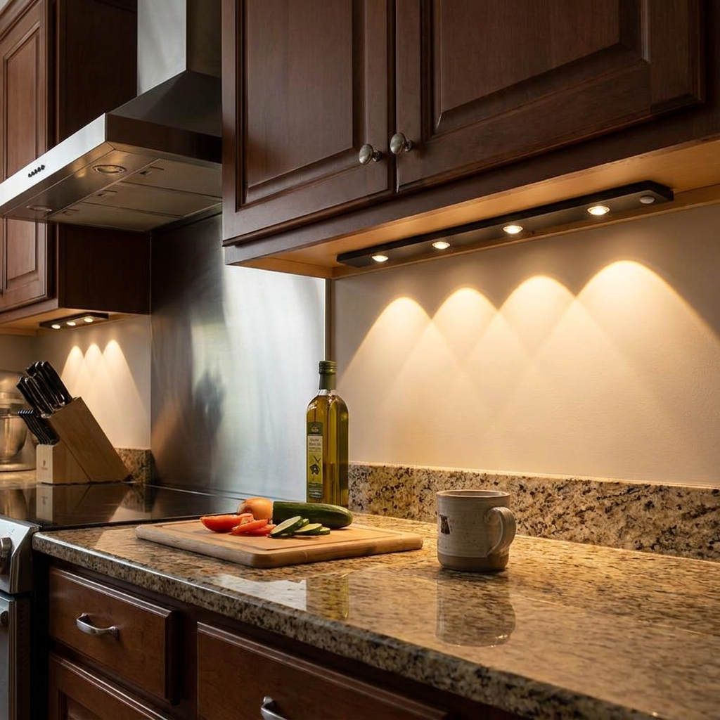 Ultra-thin under-cabinet LED strip light mounted below kitchen cabinets illuminating the counter