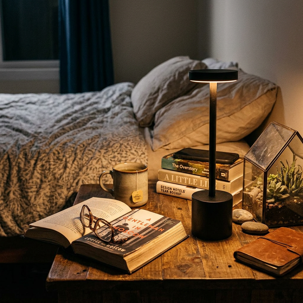 Rechargeable cordless LED touch desk lamp glowing warmly on a bedside table at night