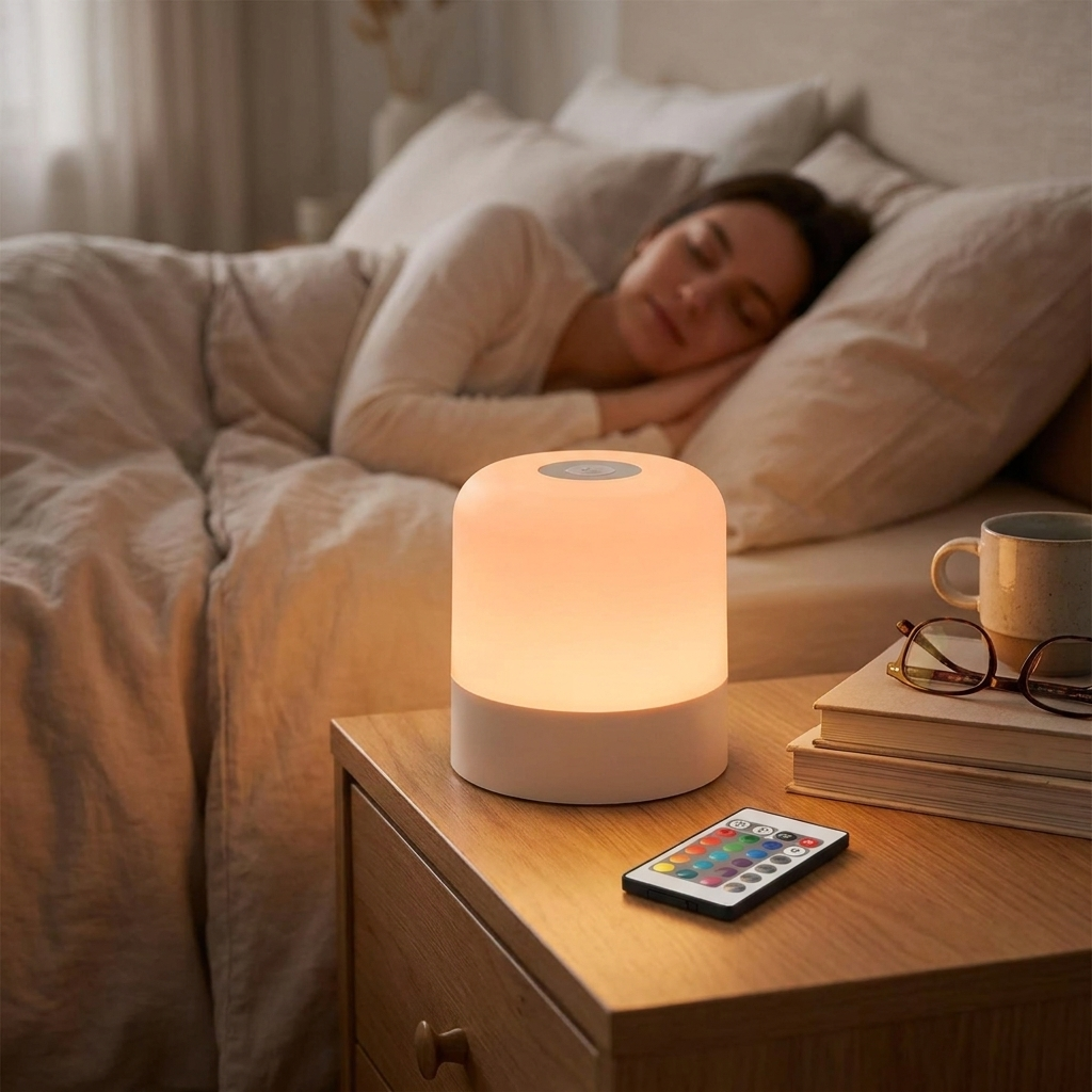 16-color RGB bedside lamp glowing in soft color on a nightstand with remote nearby
