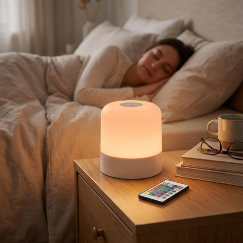 16-color RGB bedside lamp glowing in soft color on a nightstand with remote nearby