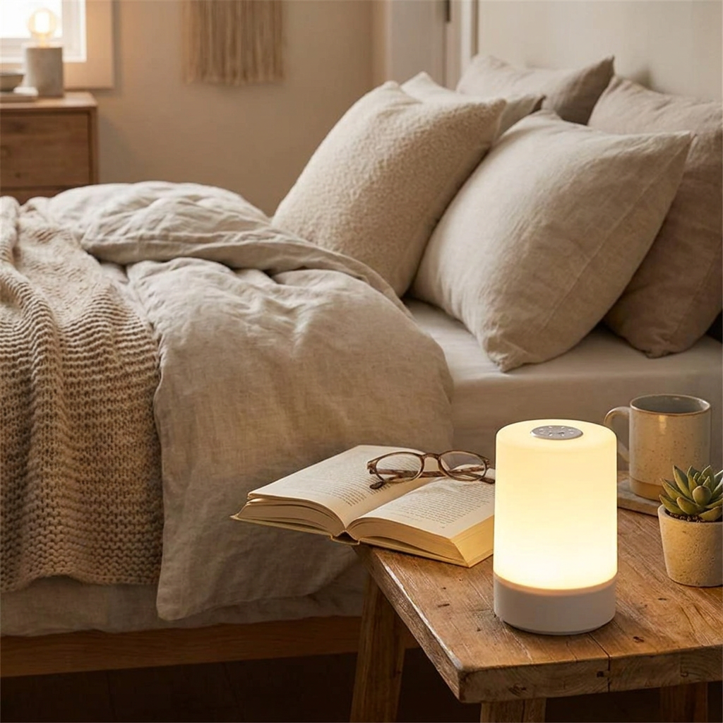 Touch-control dimmable bedside lamp glowing warmly next to an open book