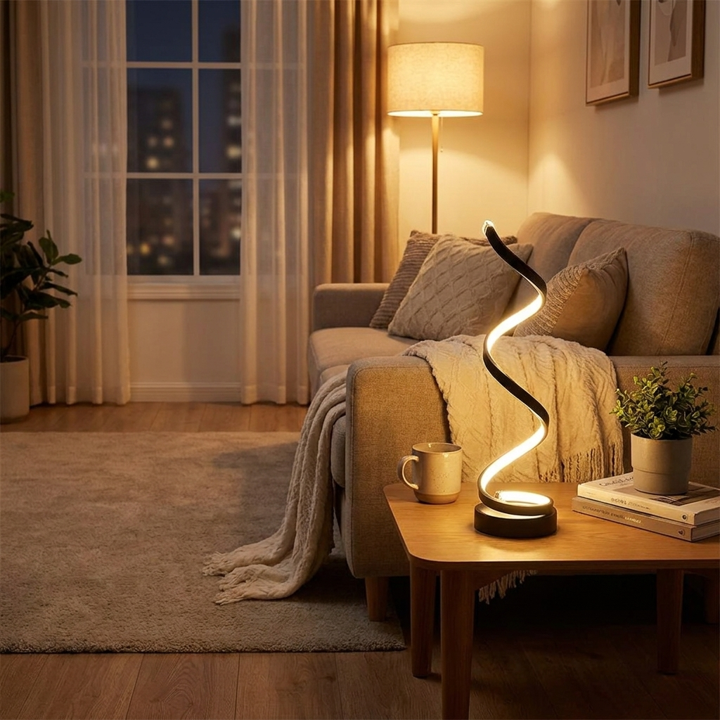 Modern spiral table lamp glowing on a side table in a living room