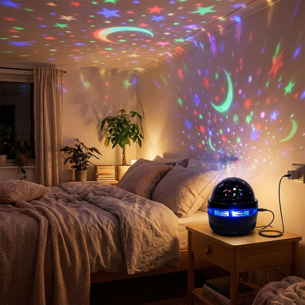 USB star and moon projector casting a starry pattern on a bedroom ceiling