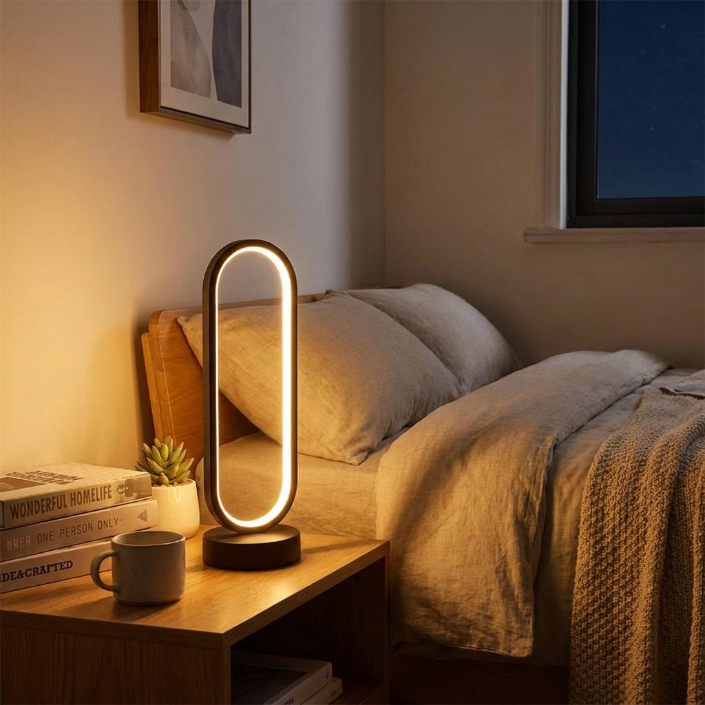 Modern ring bedside lamp glowing softly on a nightstand