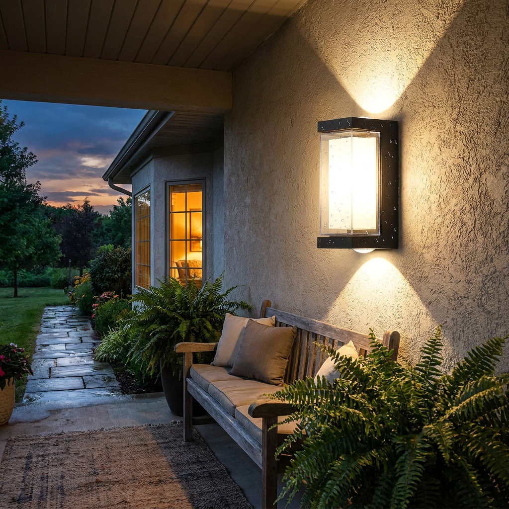 Waterproof up-down wall sconce mounted on an outdoor porch wall at dusk