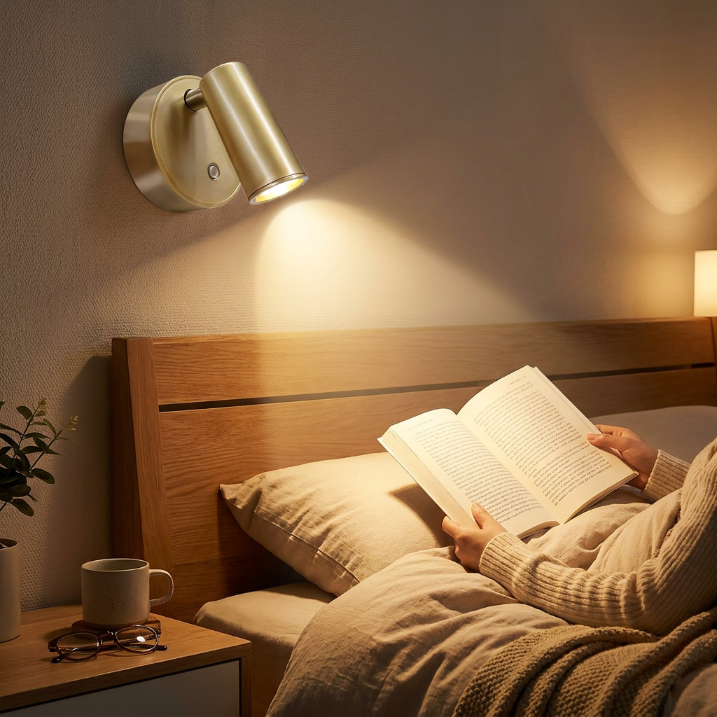 Magnetic wireless reading spotlight mounted above a bed illuminating a book