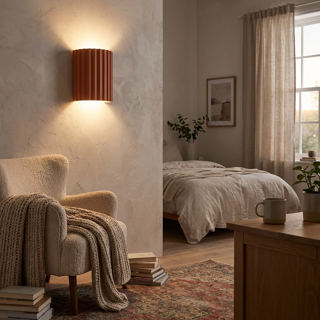 Sculptural resin wall lamp mounted on a feature wall glowing softly in the evening