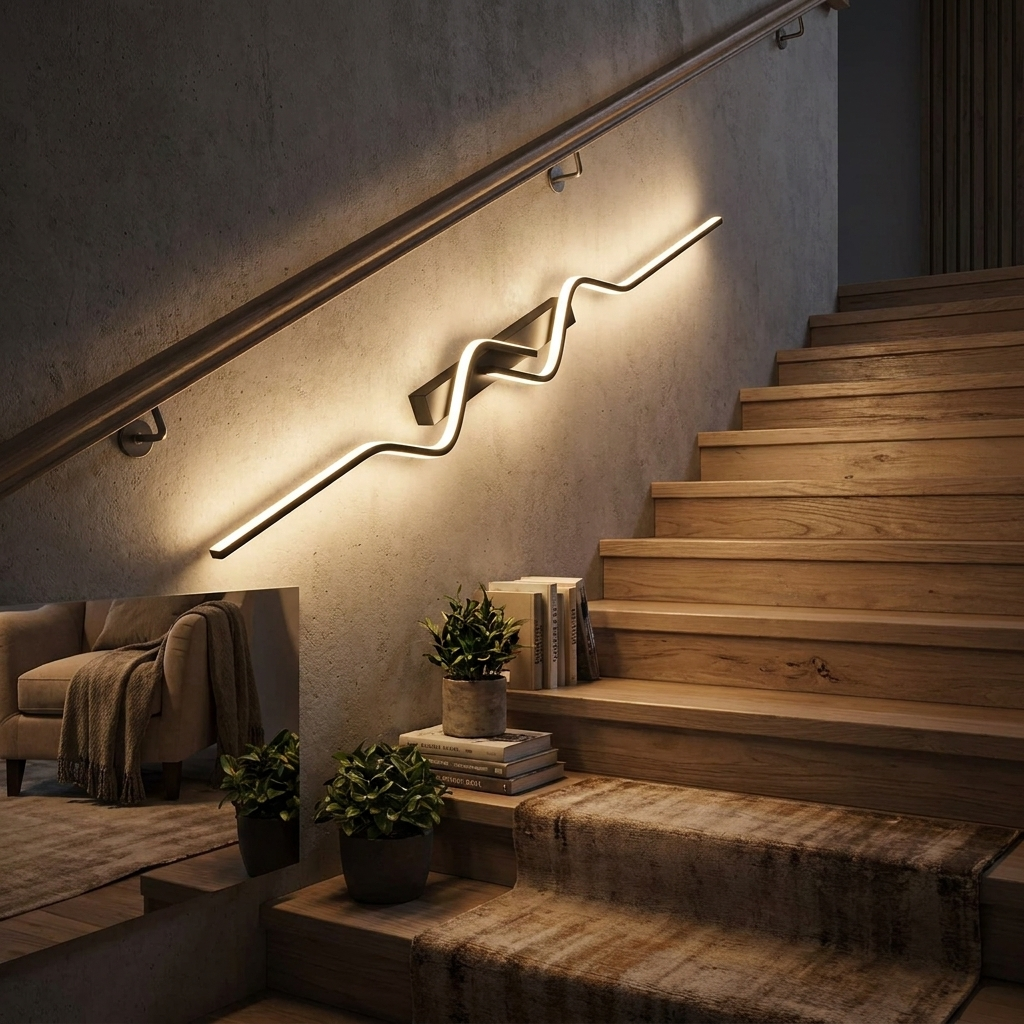 Long-strip LED stair wall light mounted along a staircase guiding the way at night