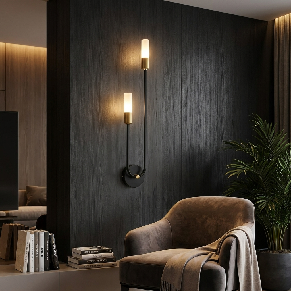 Black and gold luxury wall lamp mounted on a living room feature wall glowing elegantly