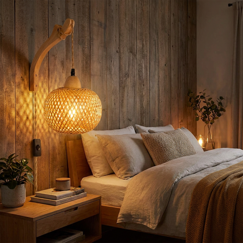 Hand-woven bamboo lantern wall lamp casting a warm filtered glow at night