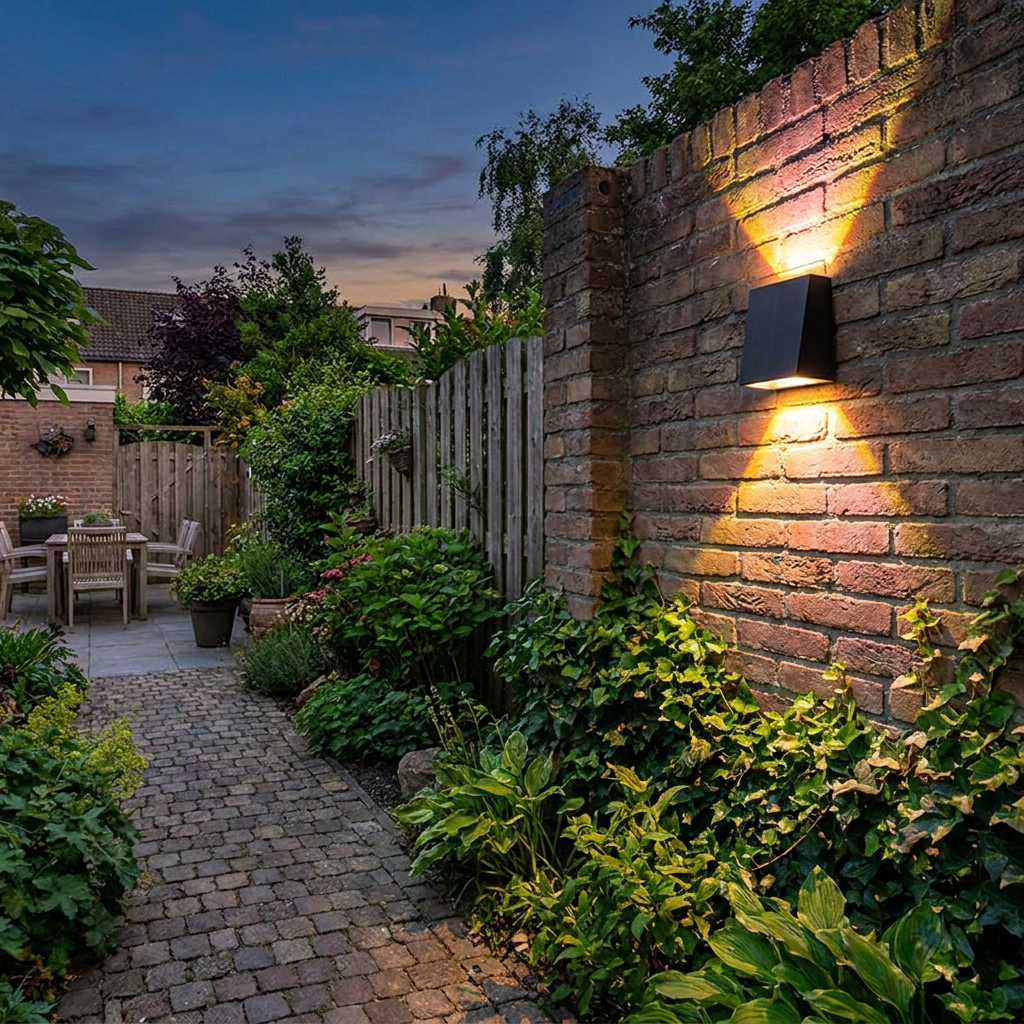 Solar up-down outdoor wall light mounted on a garden fence at dusk