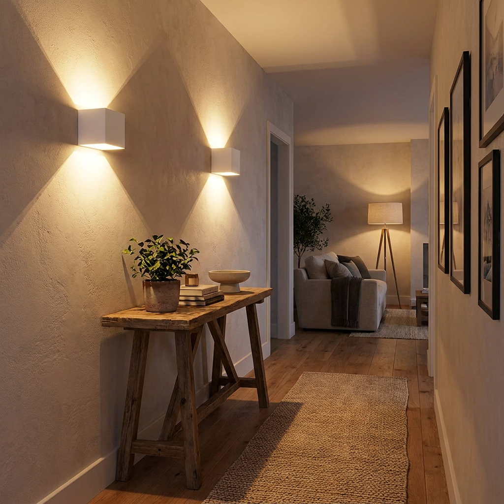 Modern up-down wall sconce mounted in a hallway glowing softly