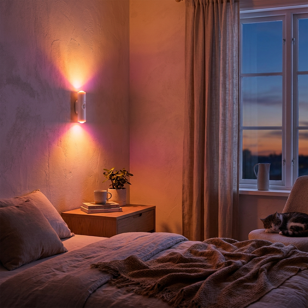 Smart RGB gradient wall light glowing in a warm sunset gradient on a bedroom wall