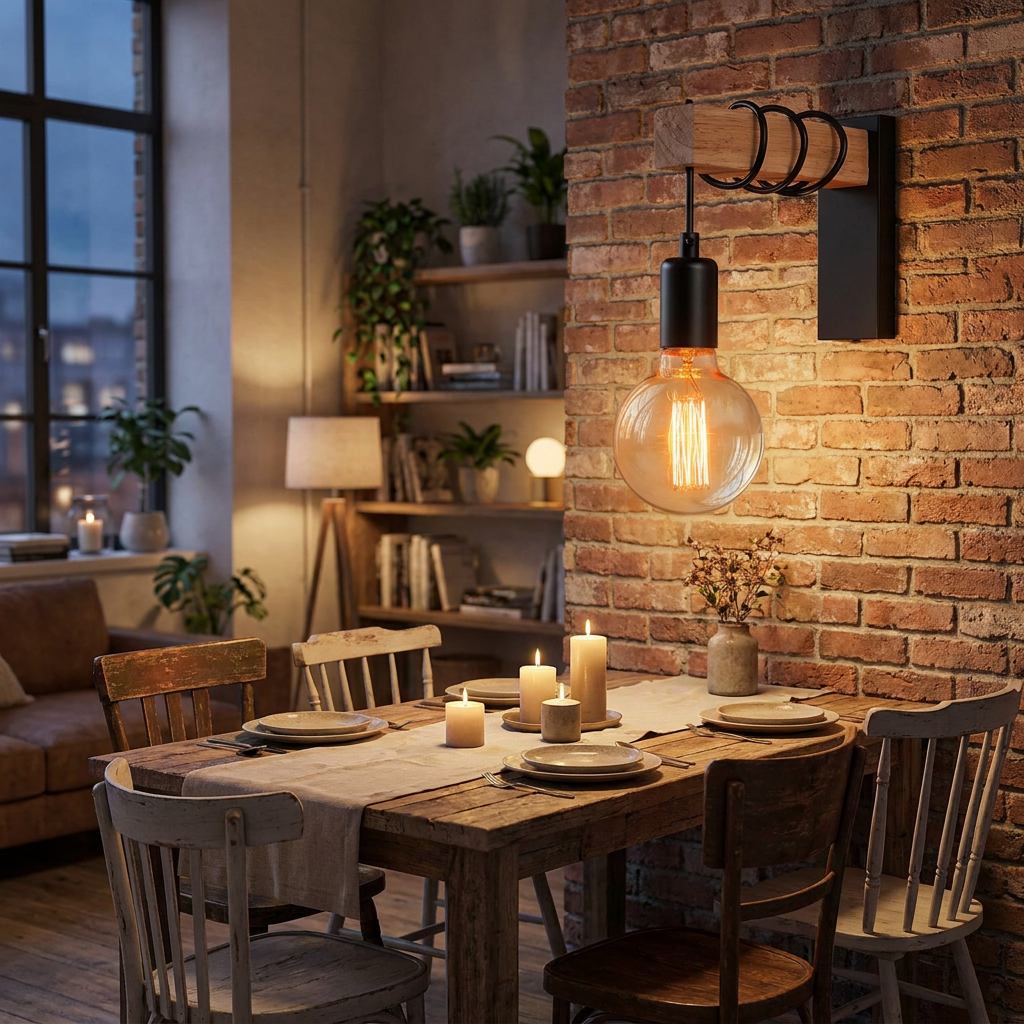 Retro industrial wood wall lamp glowing in a warm loft-style dining room