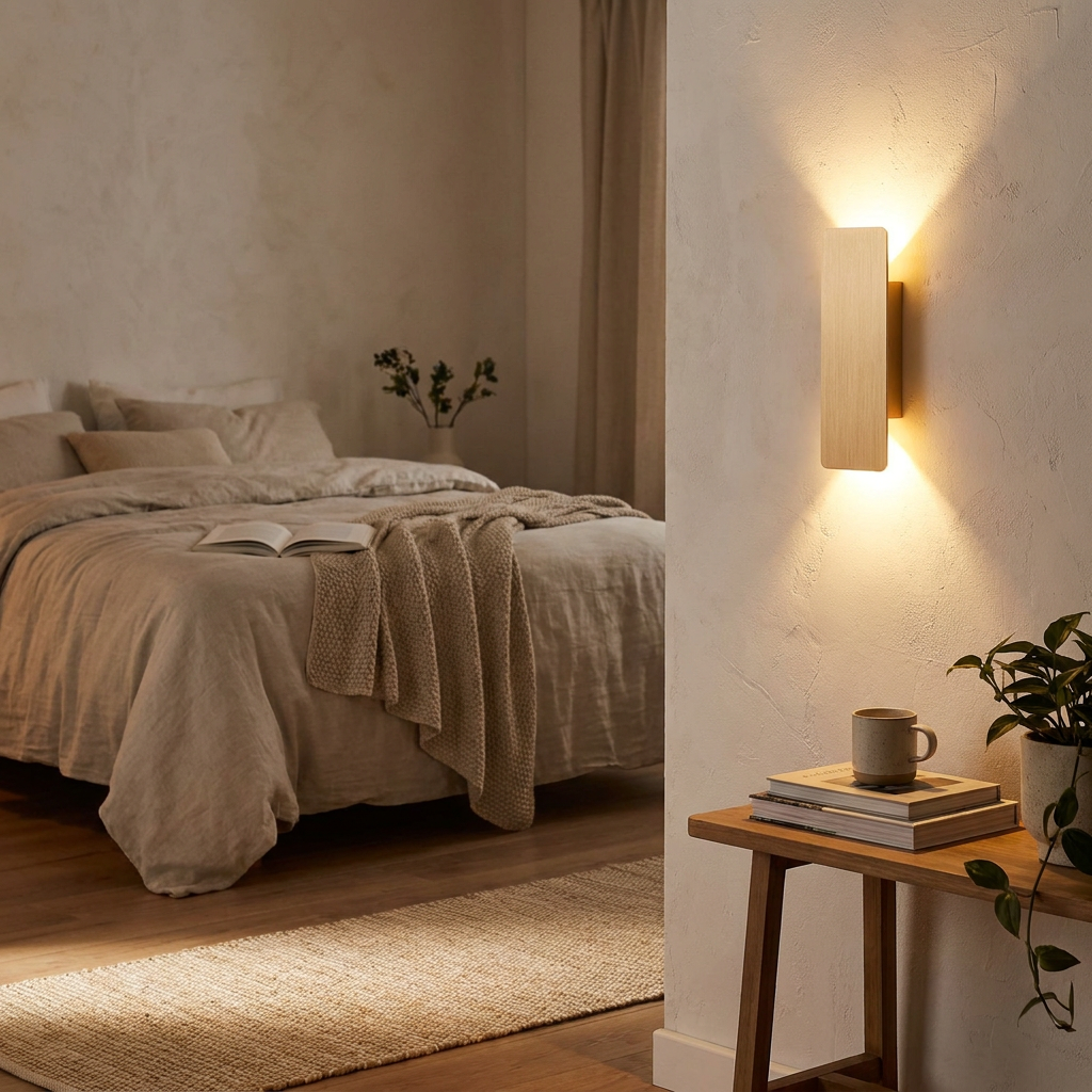 Minimalist aluminium wall lamp mounted in a hallway glowing softly