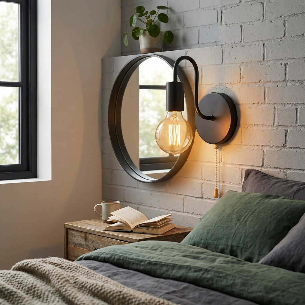 Black iron industrial wall lamp mounted in a Nordic-industrial styled room
