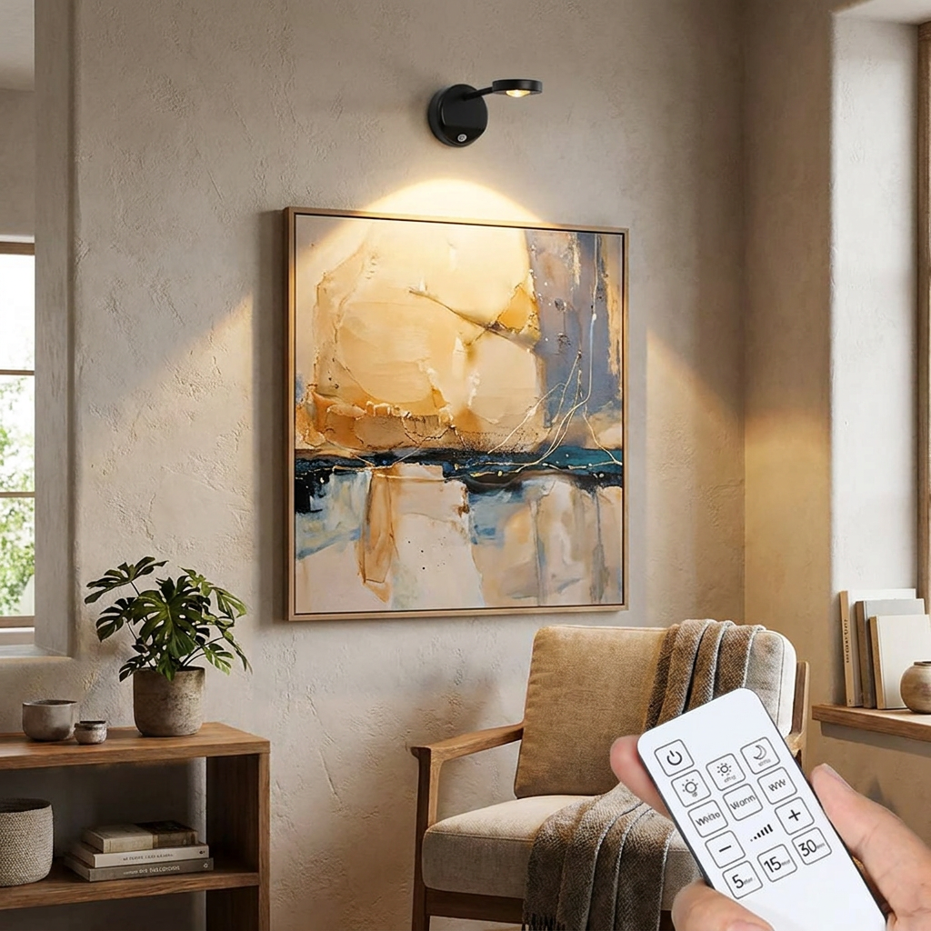 Motion-sensing wireless wall spotlight highlighting a framed painting